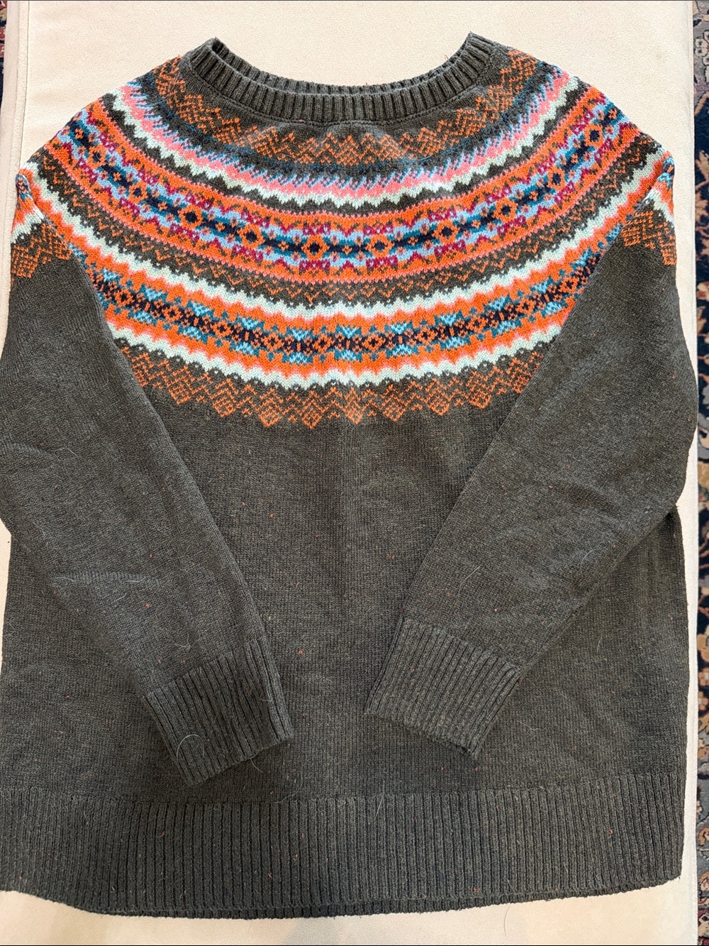 Talbots- Sweater in olive with multicolor design